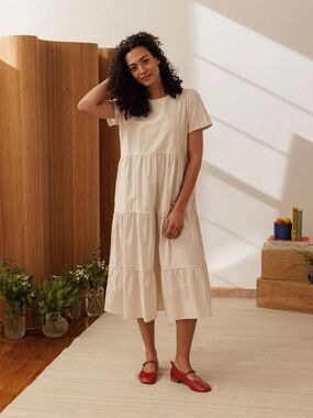 Tradlands Chalet Tiered Dress Birch Off White Linen Cotton Midi Short Sleeve XL